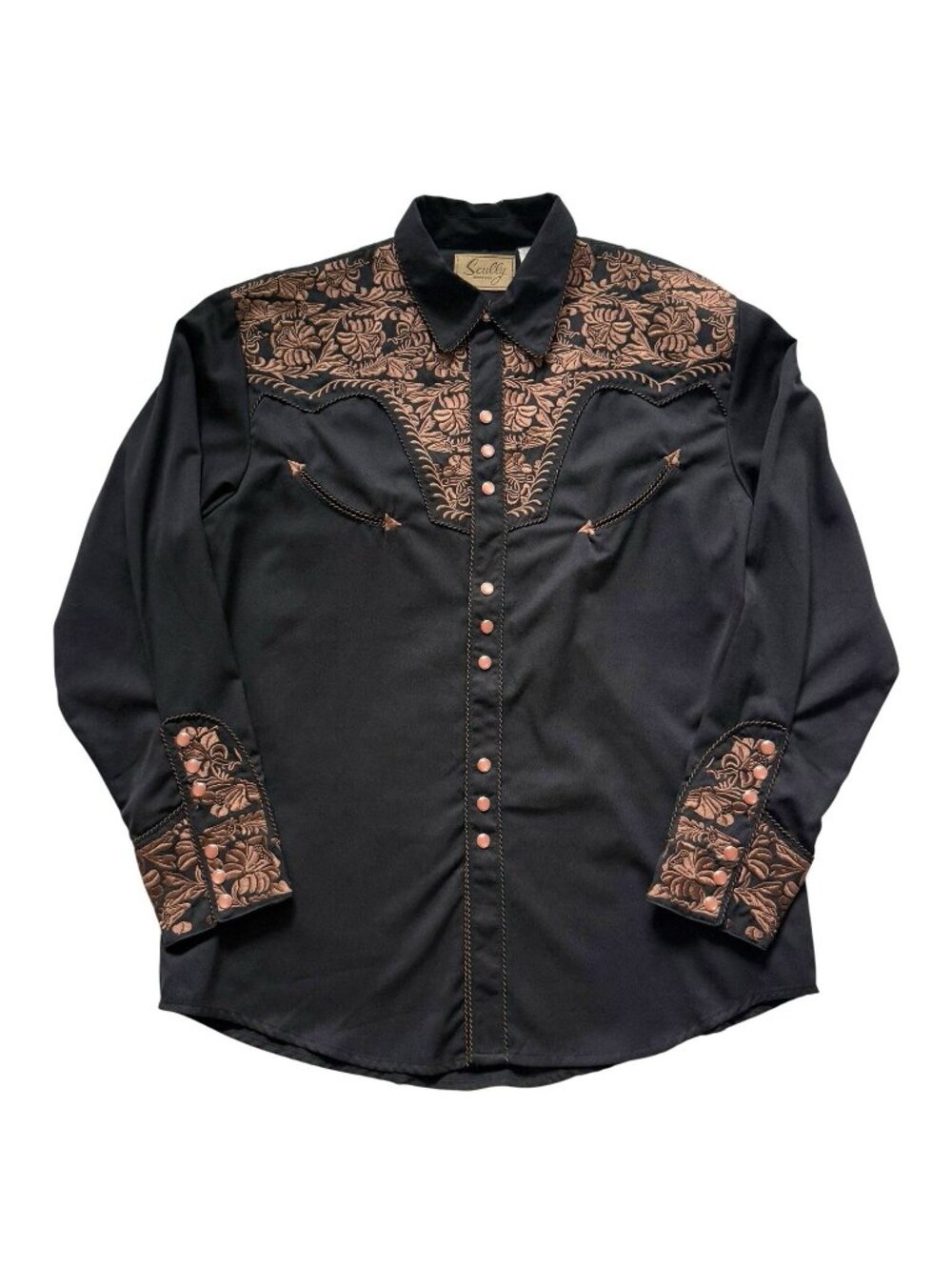 Scully Western Shirt Sz Large Pearl Snap Smile Pockets Rockabilly Embroidered
